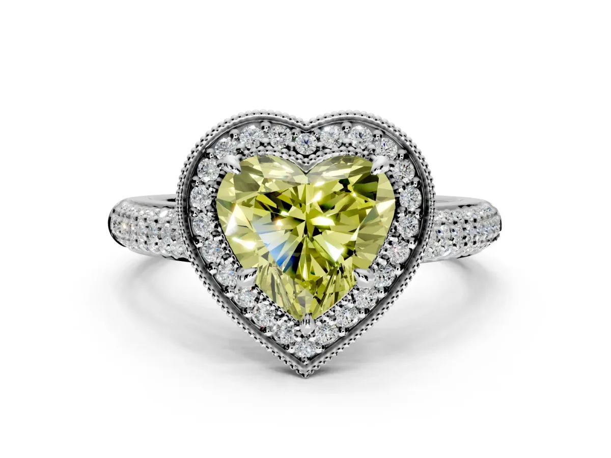Milgrain Halo Engagement Ring Setting for Fancy Yellow Heart-Shaped Center with Three-Sided Pave Band and Prong Head in Platinum