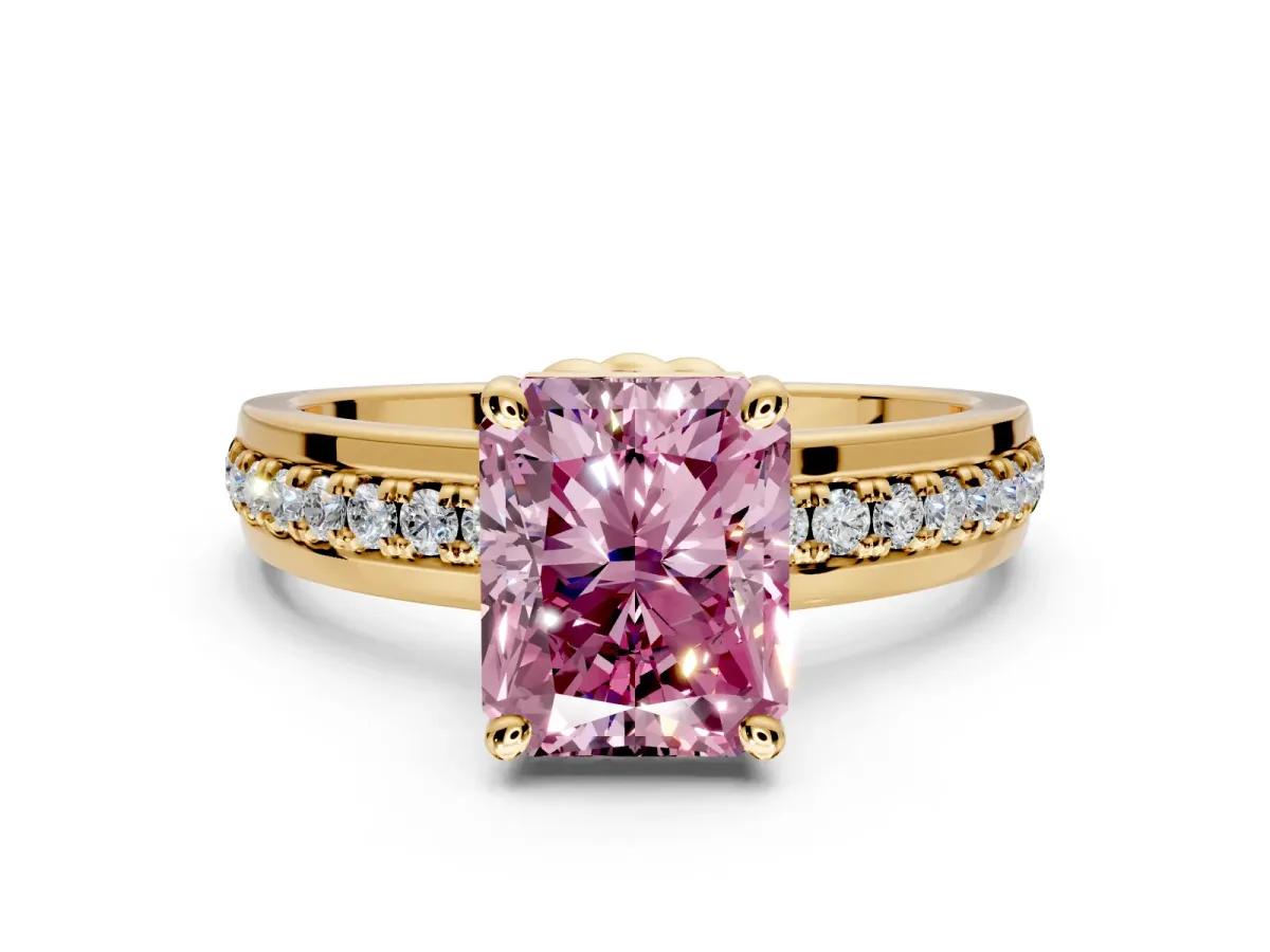 Solitaire Engagement Ring Setting for Fancy Pink Radiant Cut Center with Raised Channel Band and Prong Head in Yellow Gold