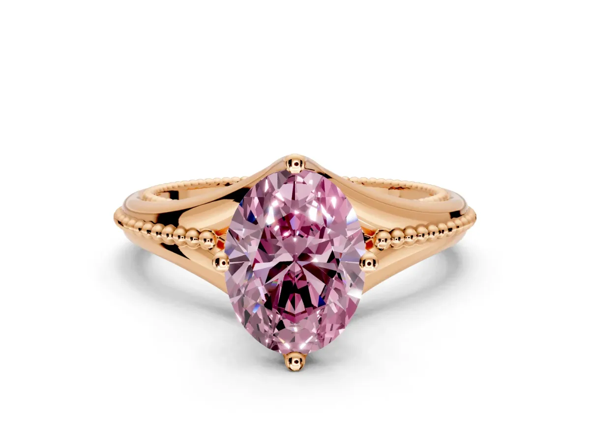 Solitaire Engagement Ring Setting for Fancy Pink Oval Center with Milgrain Cathedral Band and Prong Head in Rose Gold
