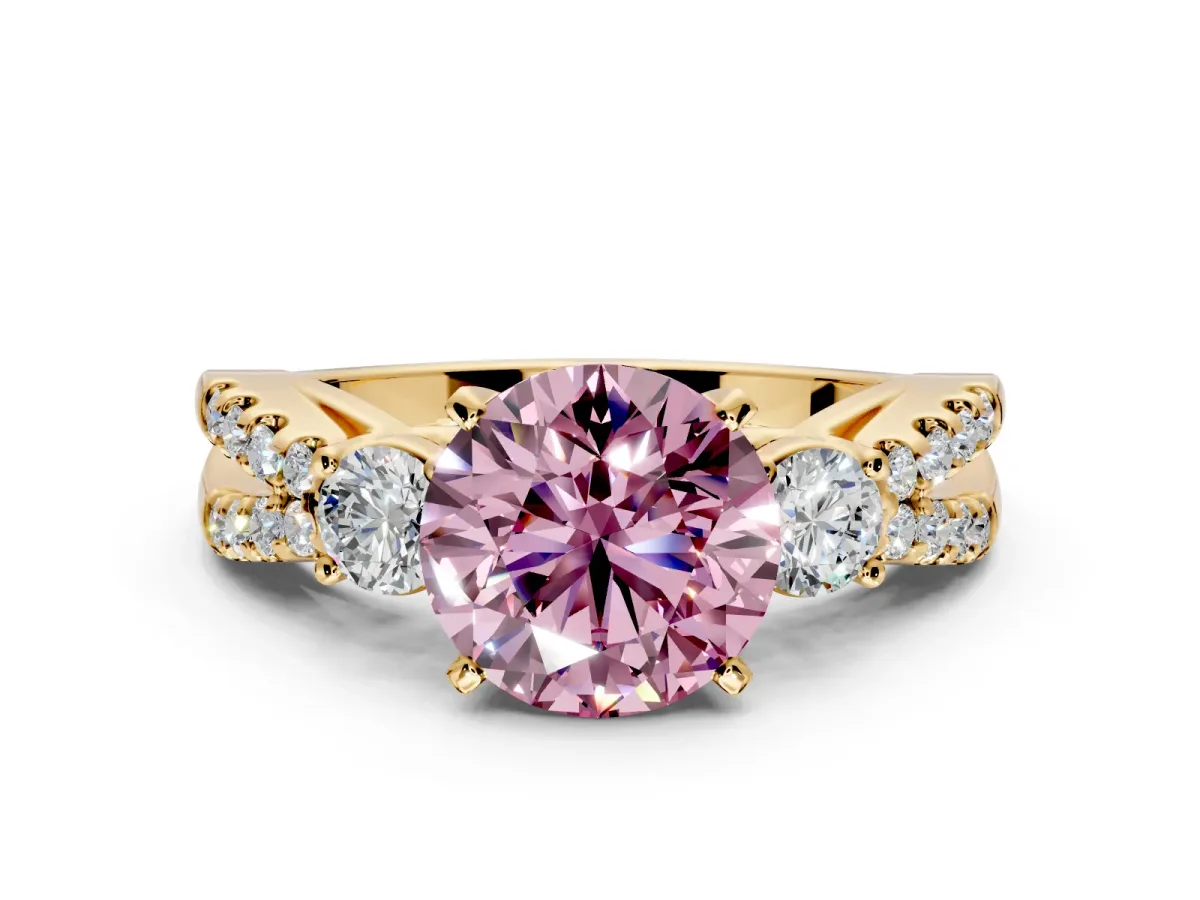 3 Stone Engagement Ring Setting for Fancy Pink Round Cut Center with Pave Split Shank and Prong Head in Yellow Gold