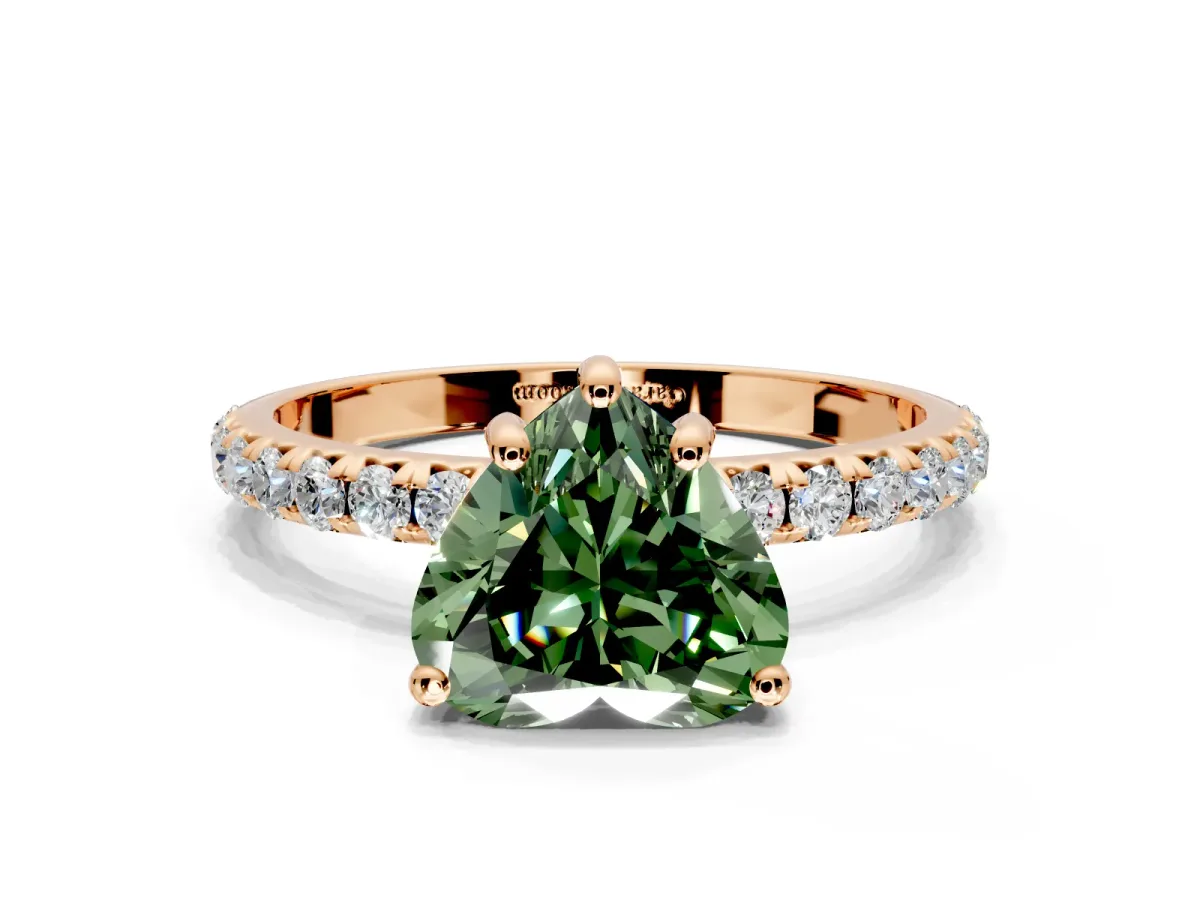 Solitaire Engagement Ring Setting for Fancy Green Heart-Shaped Center with Micro Pave Band and Prong Head in Rose Gold