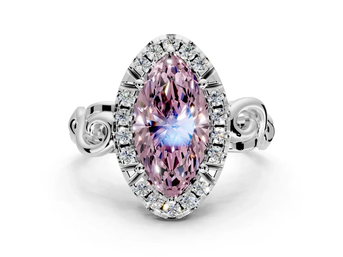 Halo Engagement Ring Setting for Fancy Pink Marquise Center with Open Scroll Shoulders and Prong Head in Platinum