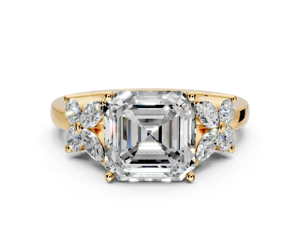 Floral Engagement Ring Setting for Asscher Cut Center with Marquise Cluster Shoulders and Prong Head in Yellow Gold