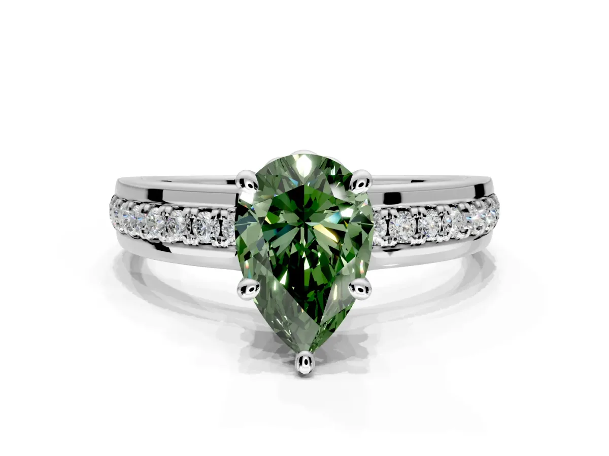 Solitaire Engagement Ring Setting for Fancy Green Pear-Shaped Center with Raised Channel Band and Prong Head in Sterling Silver
