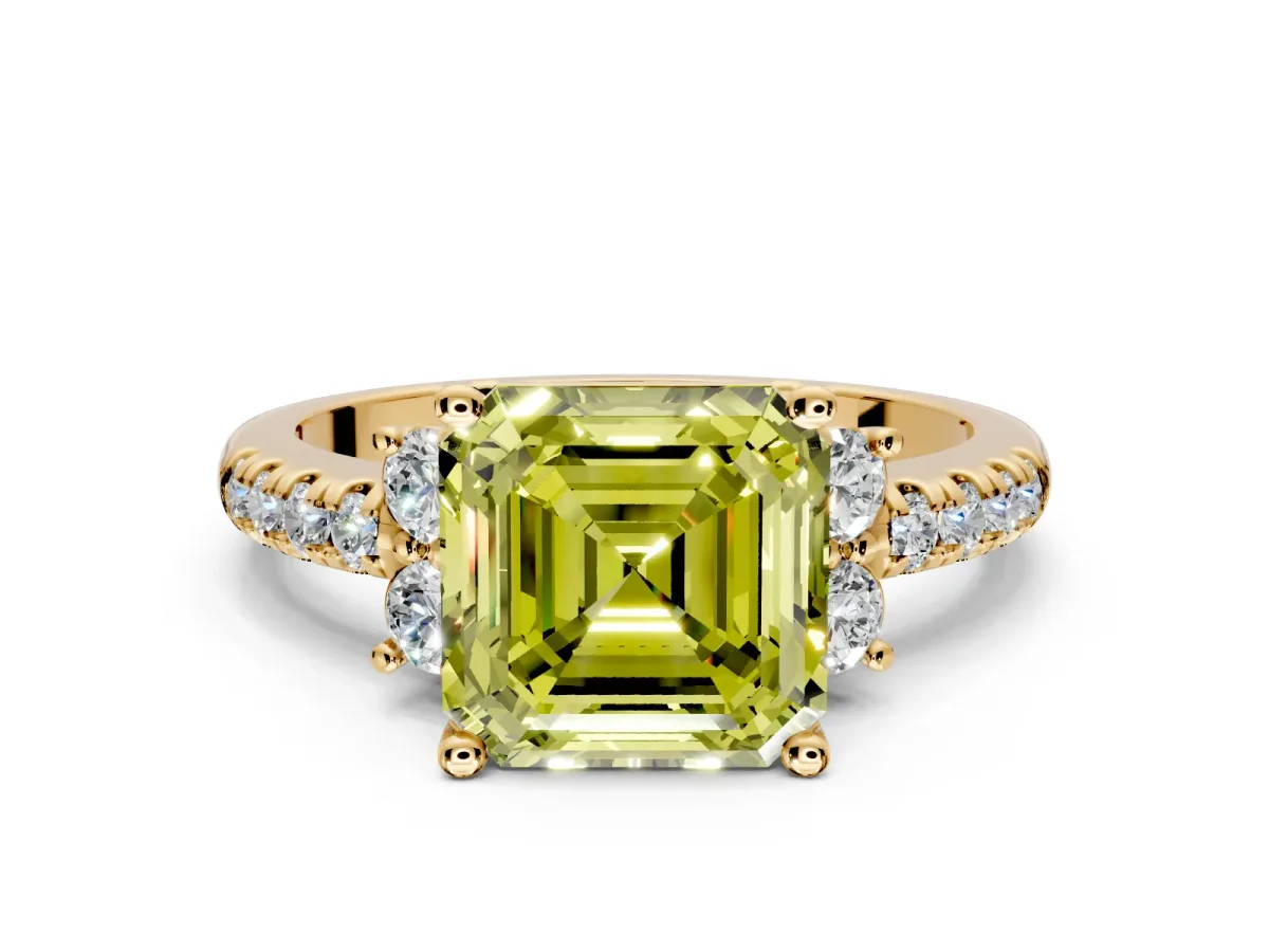 Paired Accent Engagement Ring Setting for Fancy Yellow Asscher Cut Center with Pave Band and Prong Head in Yellow Gold