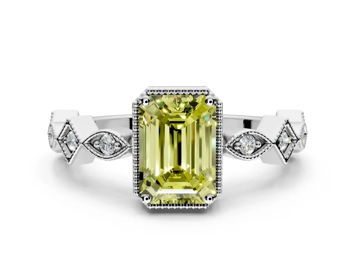 Milgrain Bezel Engagement Ring Setting for Fancy Yellow Emerald Cut Center with Marquise Stations and Bezel Head in Platinum