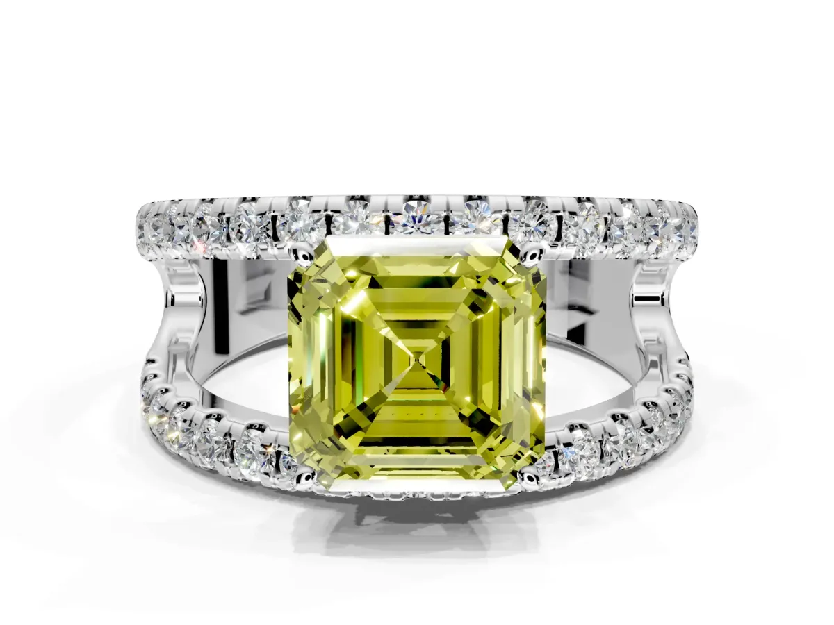 Solitaire Engagement Ring Setting for Fancy Yellow Asscher Cut Center with Wide-Open Split Shank and Prong Head in Platinum