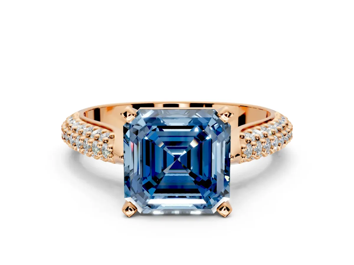 Solitaire Engagement Ring Setting for Fancy Blue Asscher Cut Center with Multi-Row Accents and Prong Head in Rose Gold