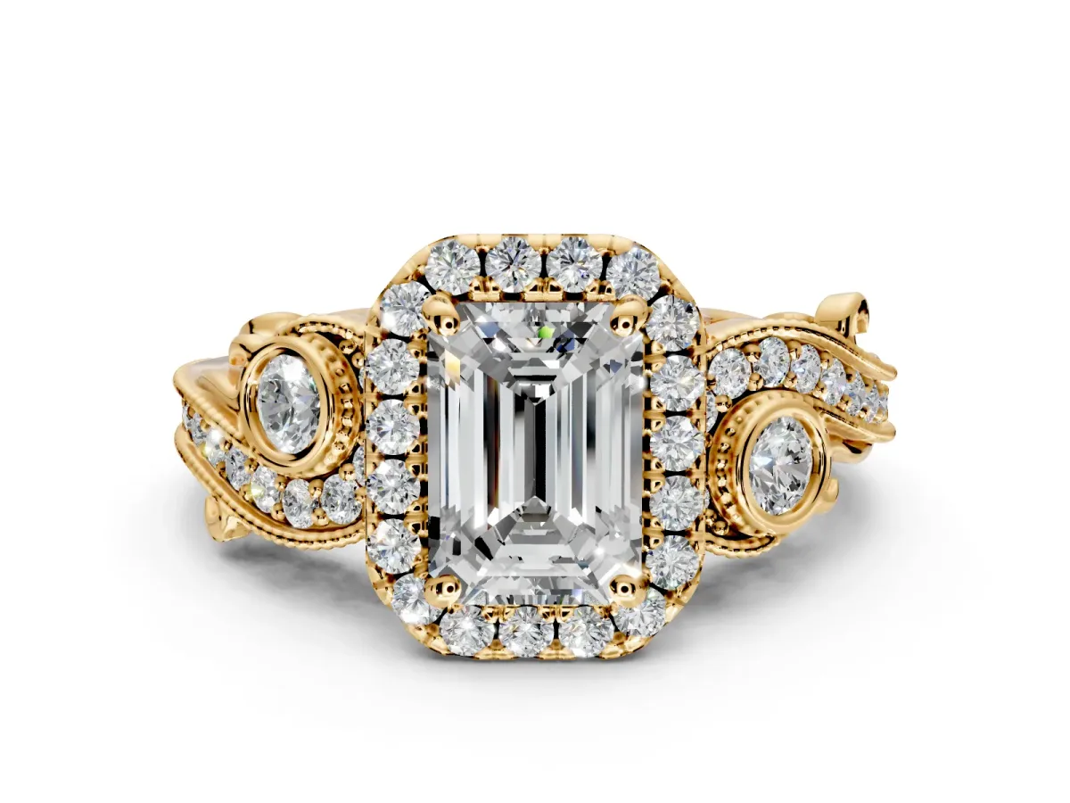 Milgrain Halo Engagement Ring Setting for Emerald Cut Center with Shoulder Bezels and Prong Head in Yellow Gold