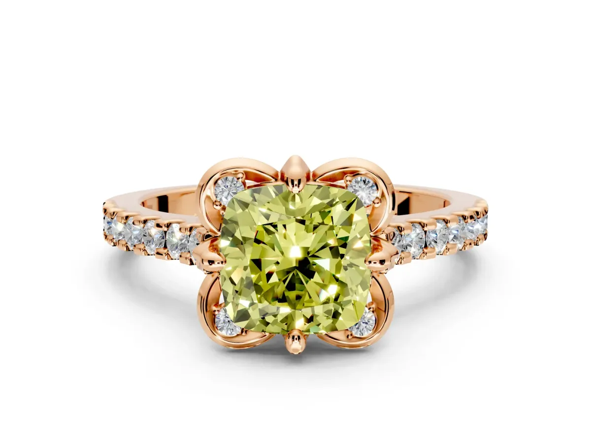 Floral Engagement Ring Setting for Fancy Yellow Cushion Cut Center with Pave Band and Floral Prong Head in Rose Gold