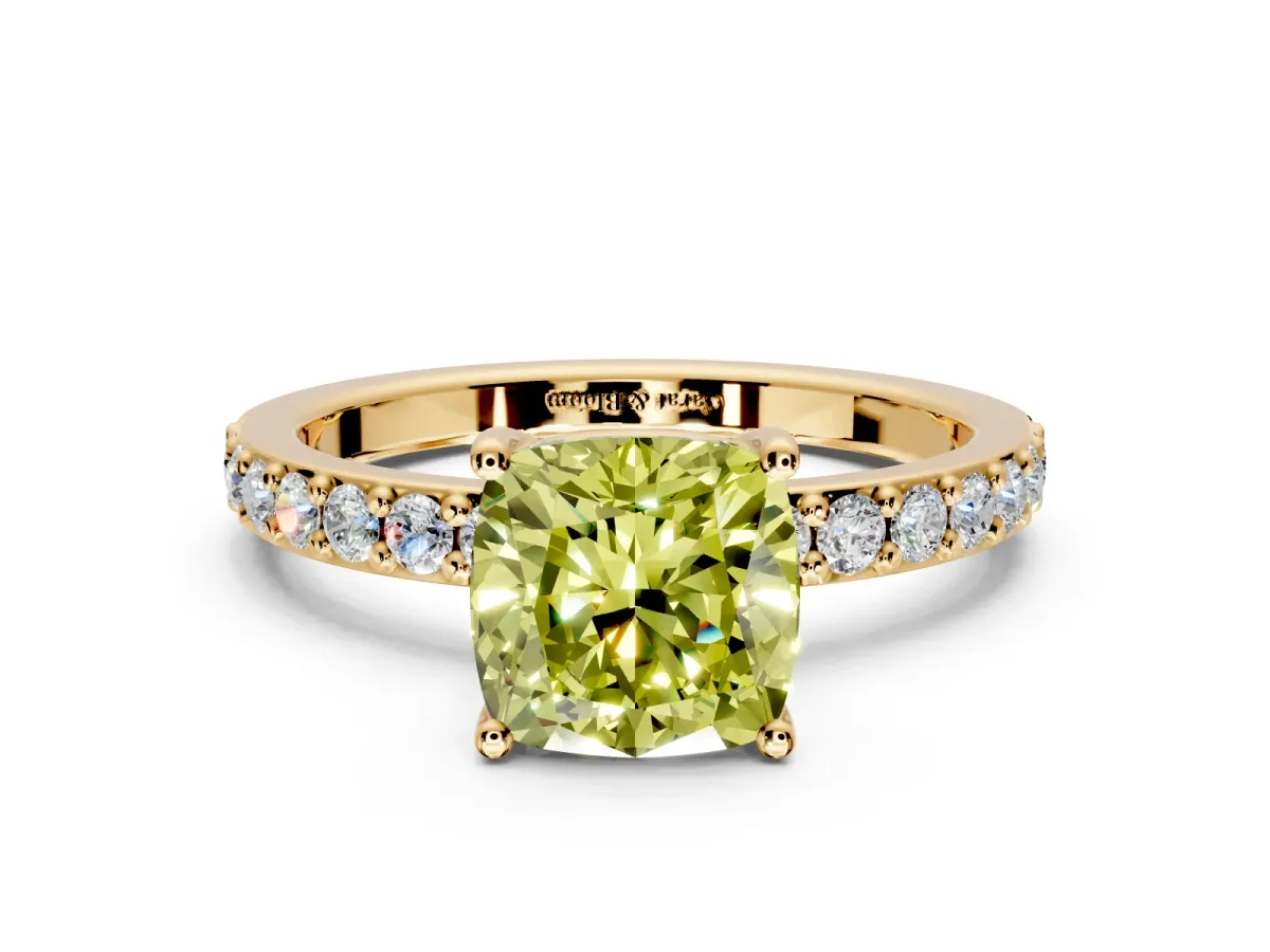 Solitaire Engagement Ring Setting for Fancy Yellow Cushion Cut Center with Round Cut Pave Band and Prong Head in Yellow Gold