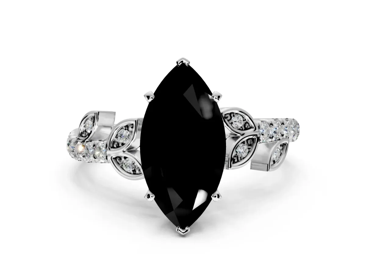 Leaf Motif Engagement Ring Setting for Fancy Black Marquise Center with Pave Band and Prong Head in Sterling Silver