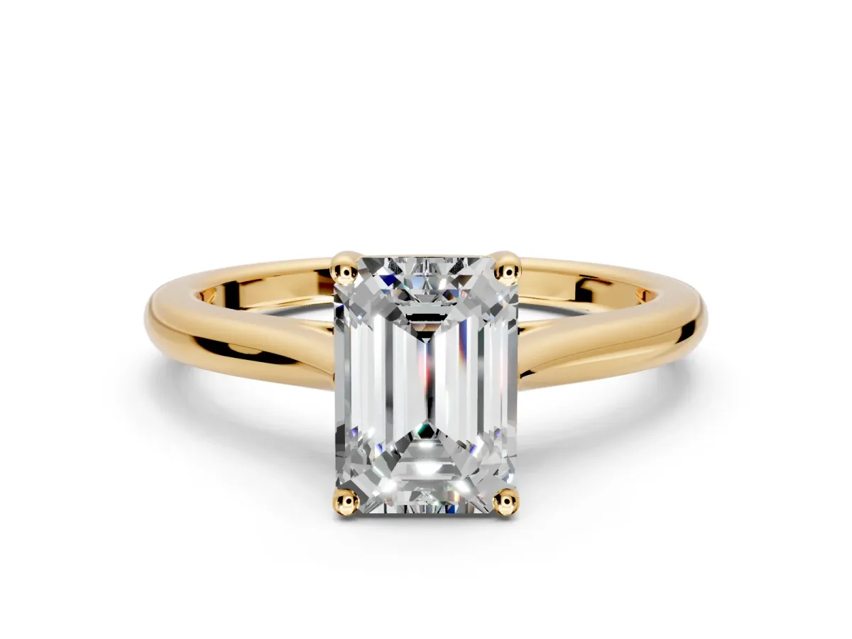 Solitaire Engagement Ring Setting for Emerald Cut Center with Narrow Cathedral Band and Prong Head in Yellow Gold