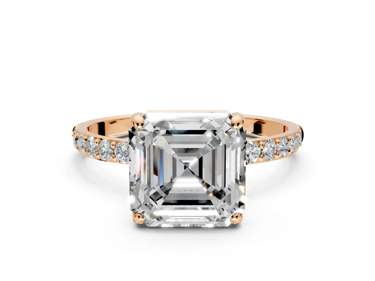 Solitaire Engagement Ring Setting for Asscher Cut Center with Pave Accents and Prong Head in Rose Gold