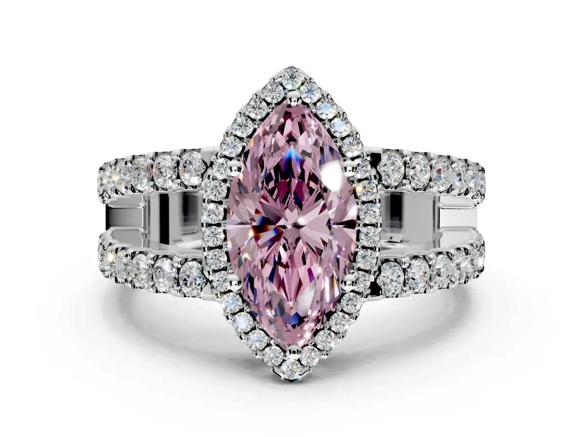 Halo Engagement Ring Setting for Fancy Pink Marquise Center with Wide-Open Pave Split Shank and Prong Head in White Gold