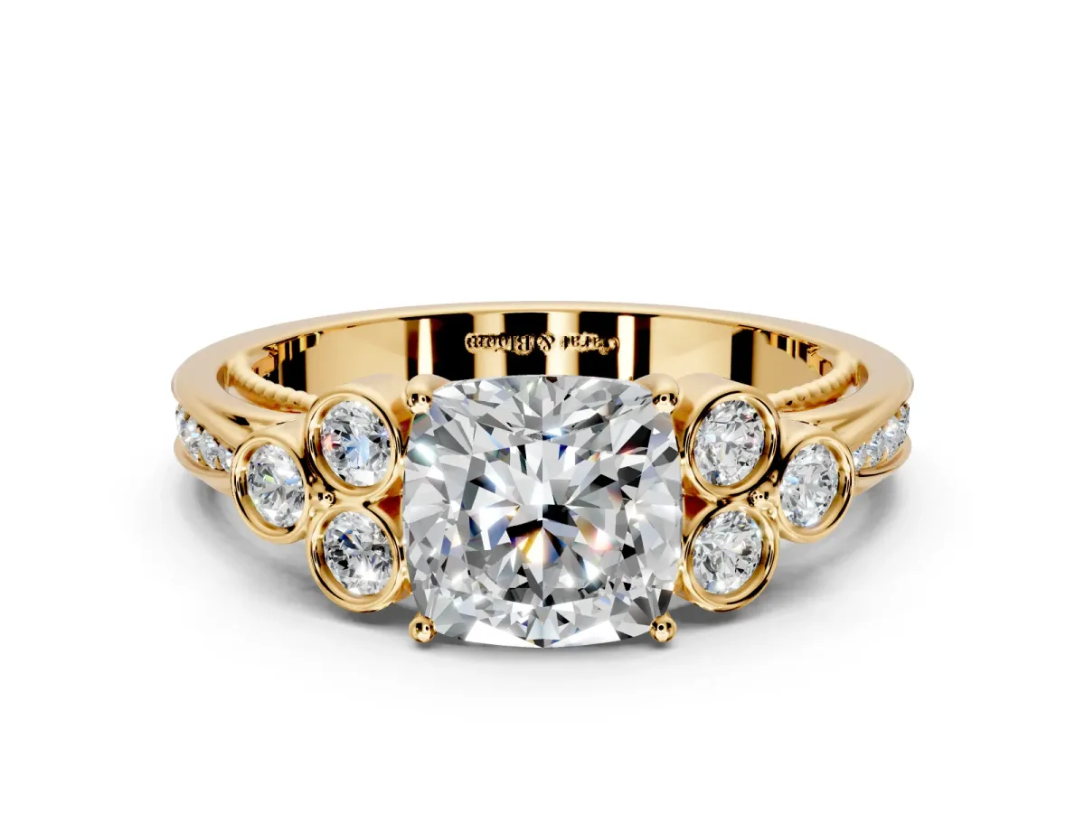 Cluster Engagement Ring Setting for Cushion Cut Center with Bezel Accent Clusters and Prong Head in Yellow Gold