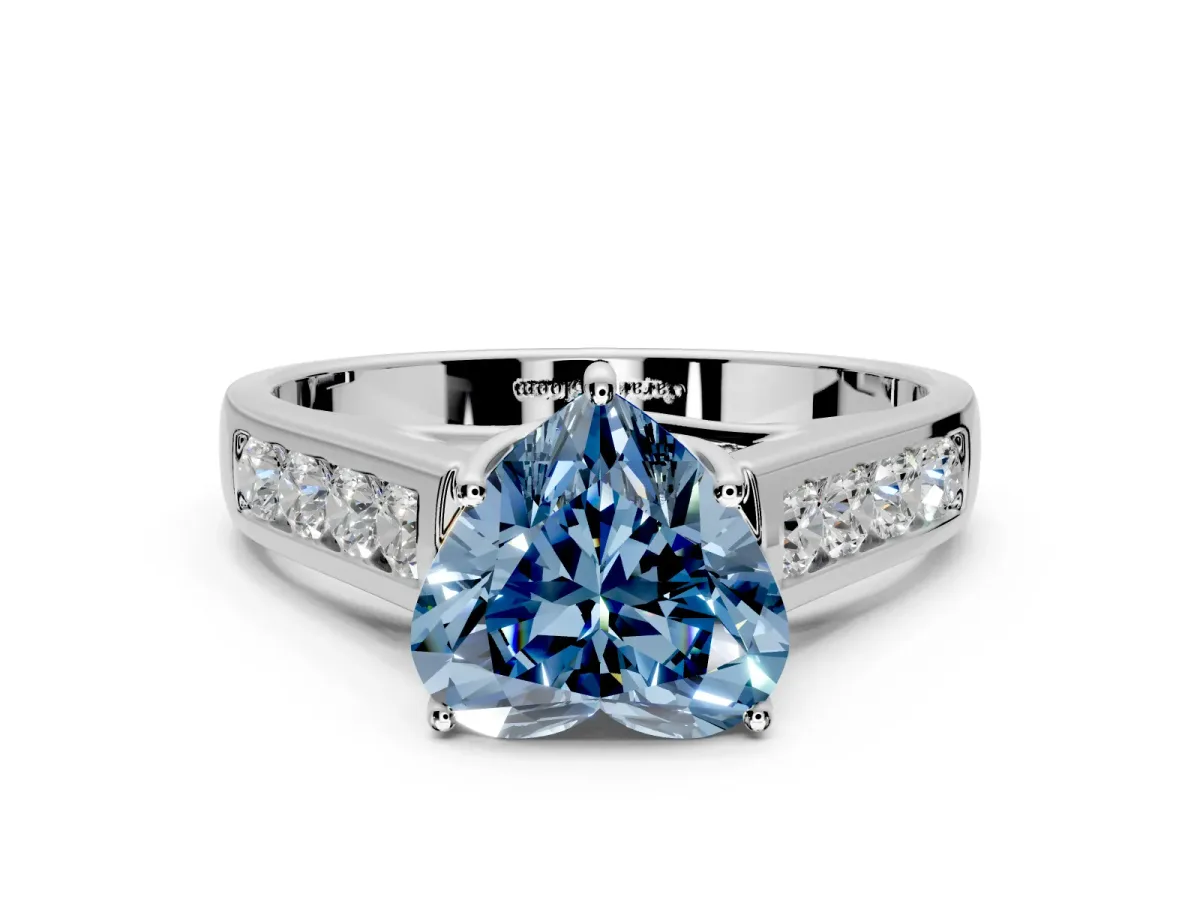 Solitaire Engagement Ring Setting for Fancy Blue Heart-Shaped Center with Cathedral Channel Band and Prong Head in Sterling Silver
