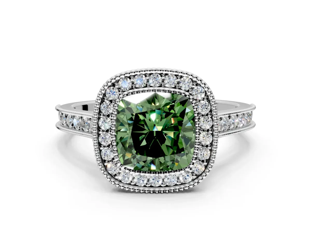 Halo Engagement Ring Setting for Fancy Green Cushion Cut Center with Milgrain Pave Band and Bezel Head in White Gold