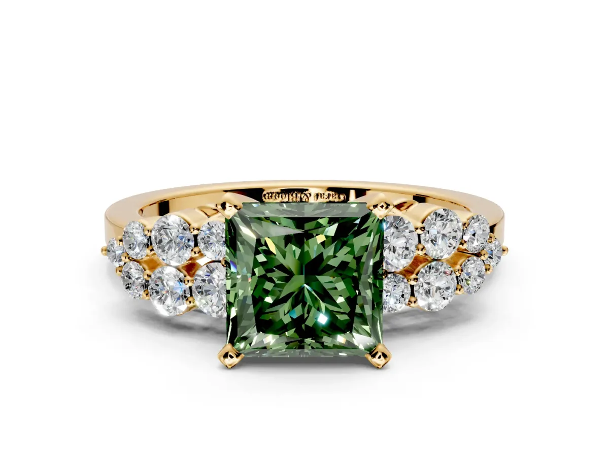 Cluster Engagement Ring Setting for Fancy Green Princess Cut Center with 2-Row Shoulder Clusters and Prong Head in Yellow Gold