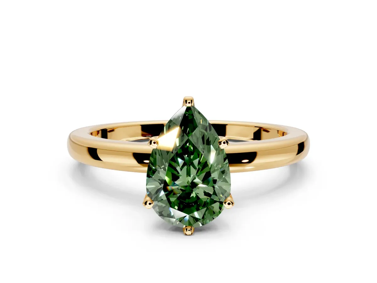 Solitaire Engagement Ring Setting for Fancy Green Pear-Shaped Center with Plain Band and Tulip Prong Head in Yellow Gold