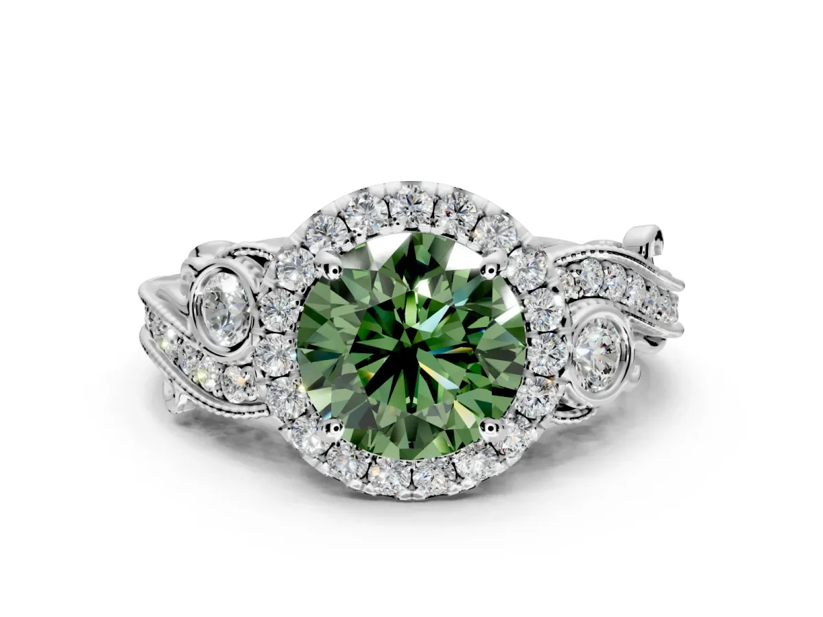Milgrain Halo Engagement Ring Setting for Fancy Green Round Cut Center with Shoulder Bezels and Prong Head in White Gold