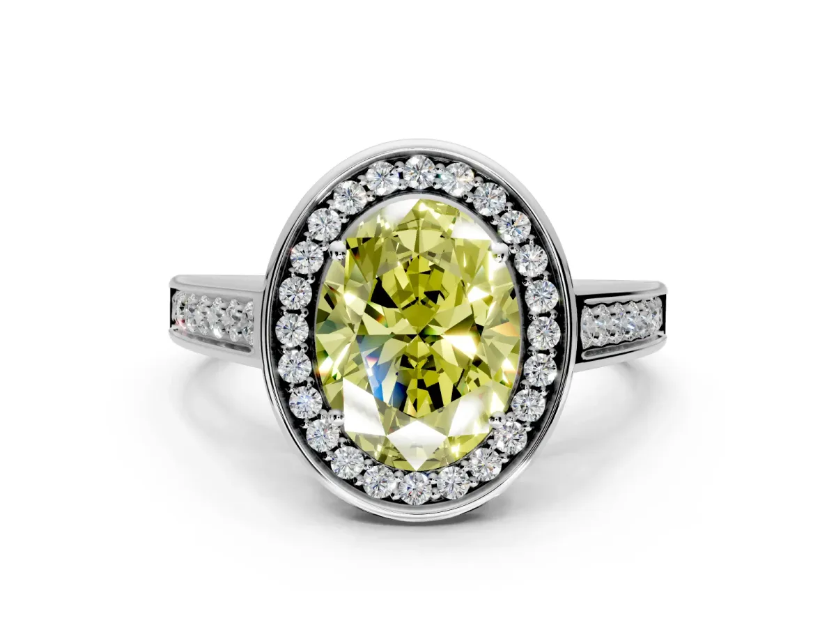 Halo Engagement Ring Setting for Fancy Yellow Oval Center with Outer Bezel Rim, Pave Band and Prong Head in Sterling Silver