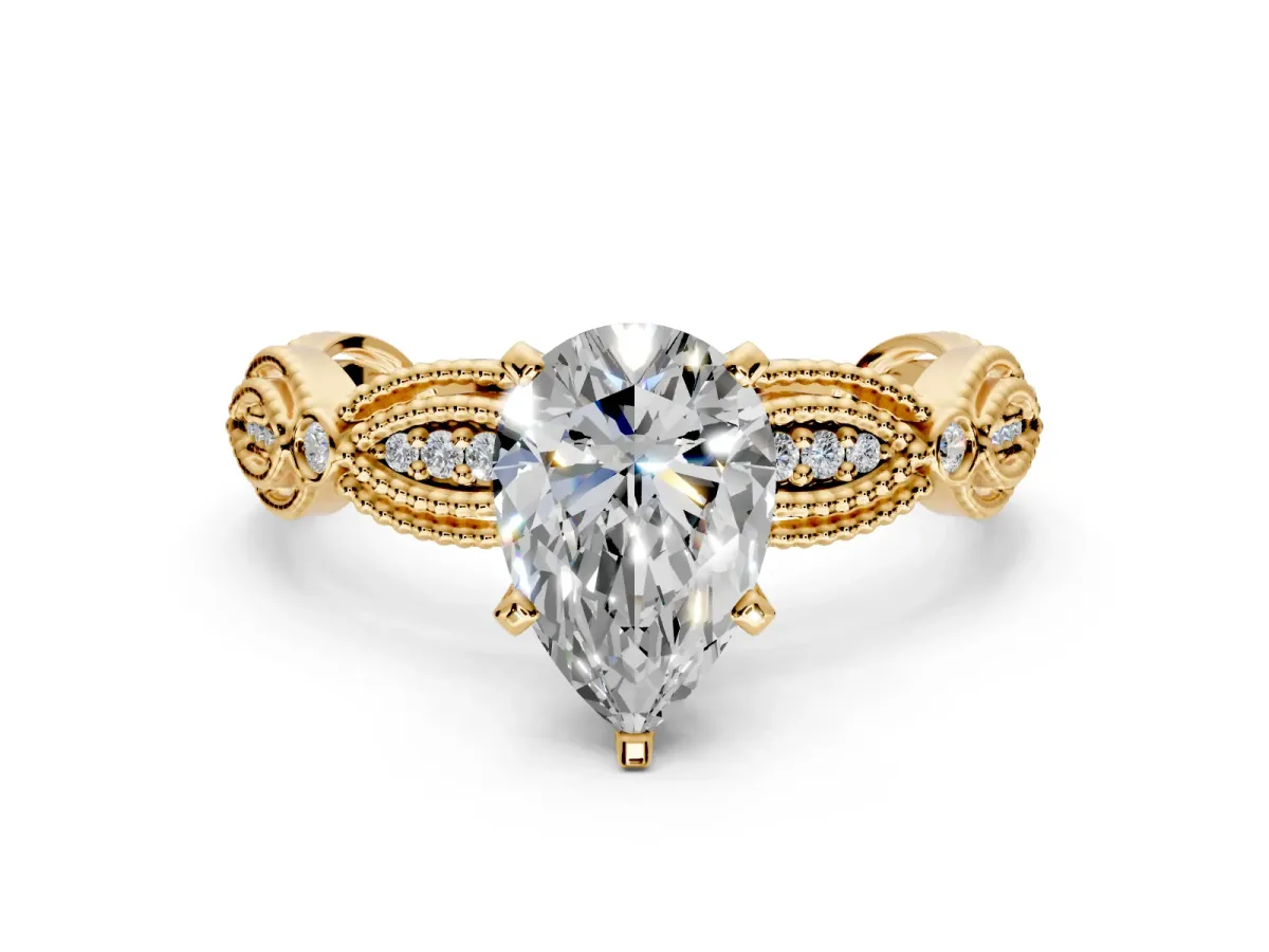 Solitaire Engagement Ring Setting for Pear-Shaped Center with Marquise Panel Band and Prong Head in Yellow Gold