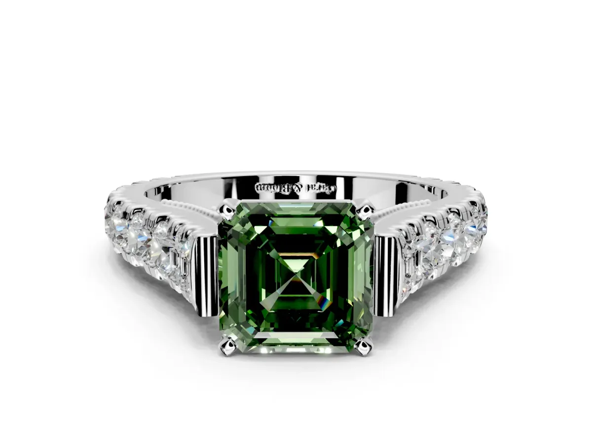Solitaire Engagement Ring Setting for Fancy Green Asscher Cut Center with Pave Cathedral Shoulders and Prong Head in White Gold