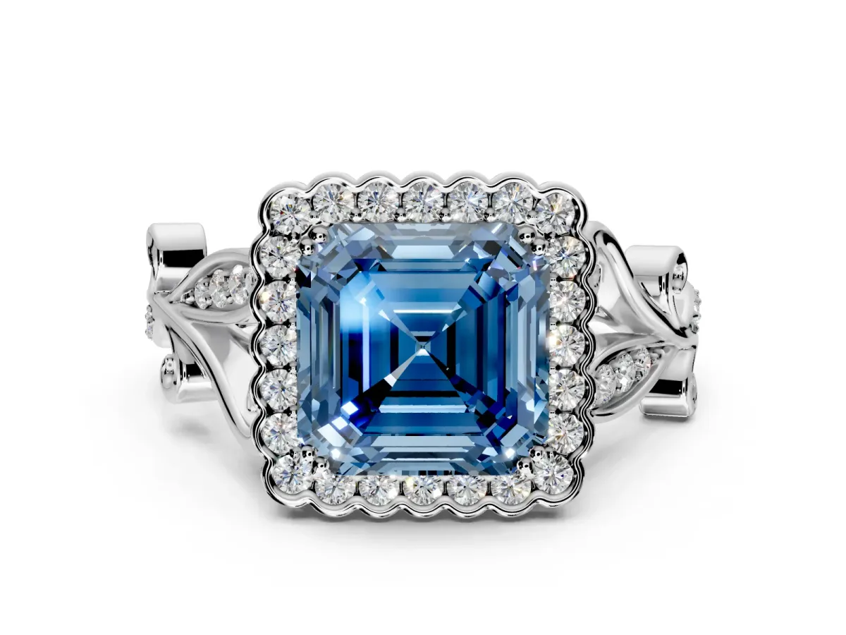 Halo Engagement Ring Setting for Fancy Blue Asscher Cut Center with Leaf Motif Split Shank and Prong Head in Platinum