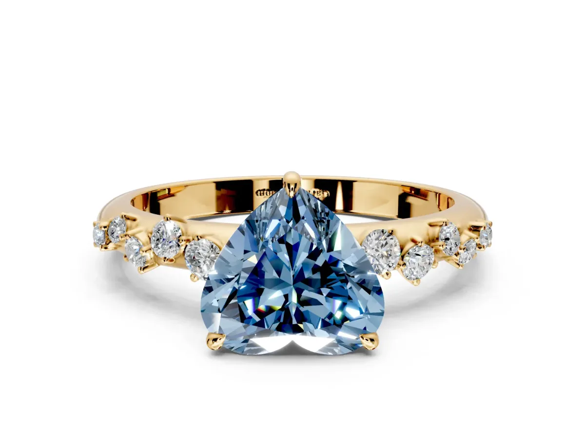 Cluster Engagement Ring Setting for Fancy Blue Heart-Shaped Center with Round Cut Accent Band and Prong Head in Yellow Gold
