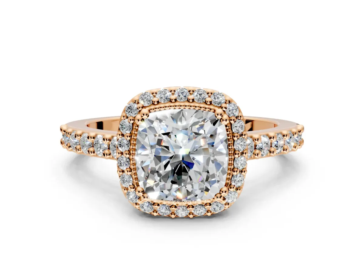 Halo Engagement Ring Setting for Cushion Cut Center with Inner Milgrain Border and Prong Head in Rose Gold