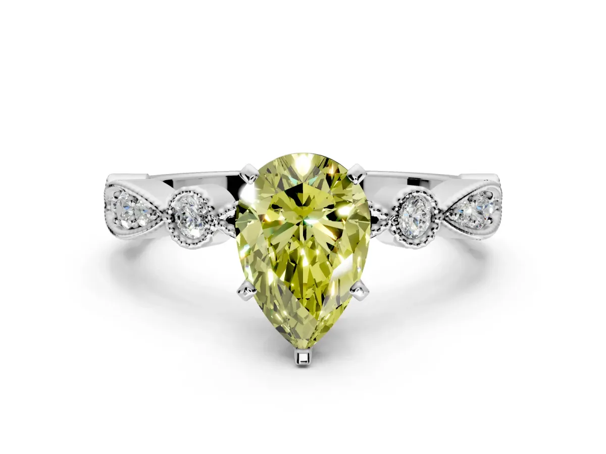 Solitaire Engagement Ring Setting for Fancy Yellow Pear-Shaped Center with Milgrain Bezel Accents and Prong Head in Sterling Silver