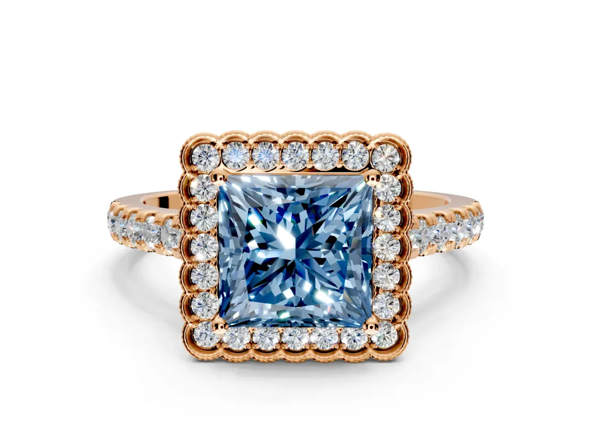 Milgrain Floral Halo Engagement Ring Setting for Fancy Blue Princess Cut Center with Pave Band and Prong Head in Rose Gold