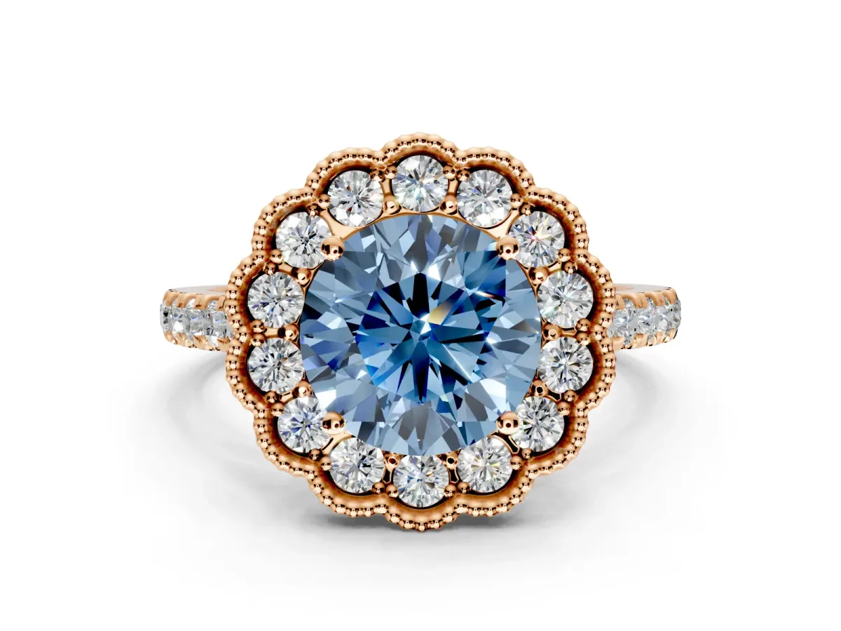 Milgrain Floral Halo Engagement Ring Setting for Fancy Blue Round Cut Center with Pave Band and Prong Head in Rose Gold