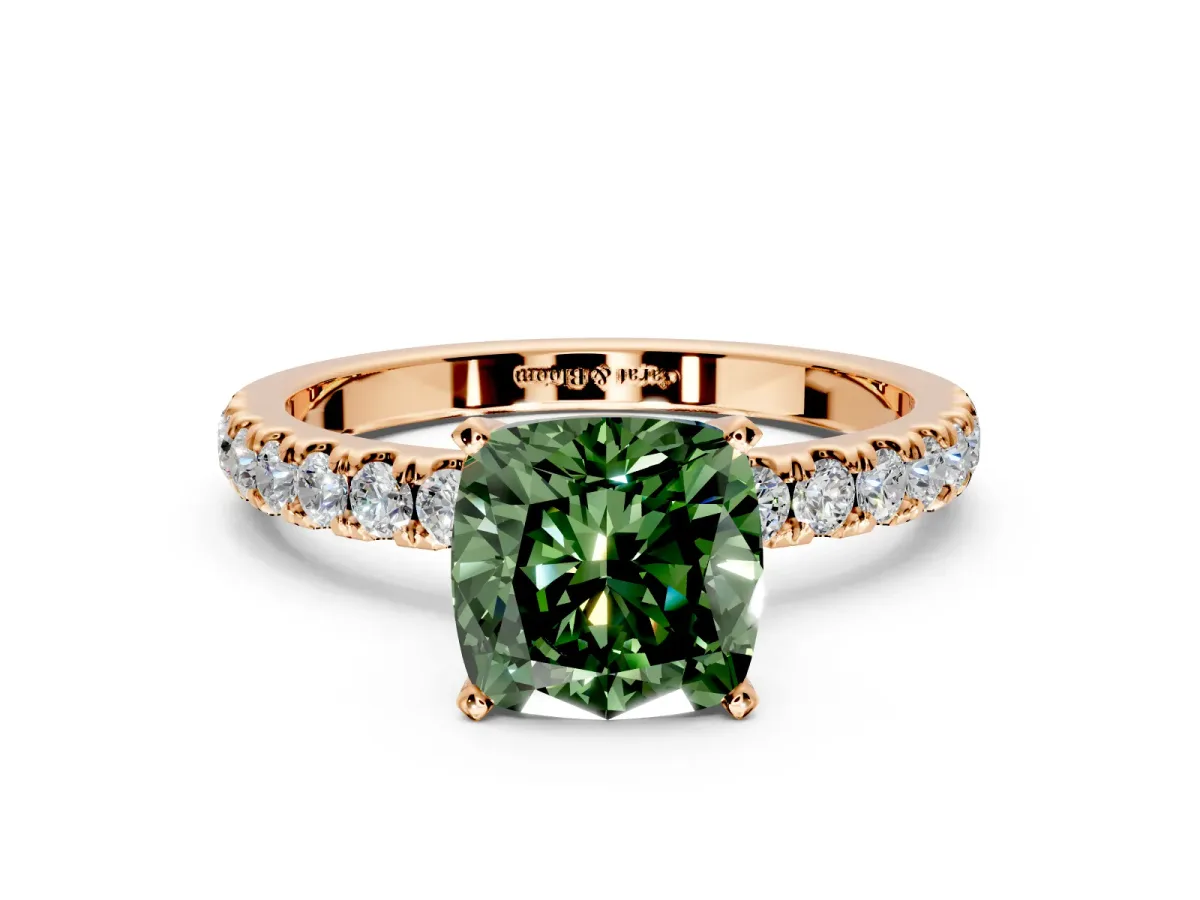Open Basket Engagement Ring Setting for Fancy Green Cushion Cut Center with Pave Band and Prong Head in Rose Gold