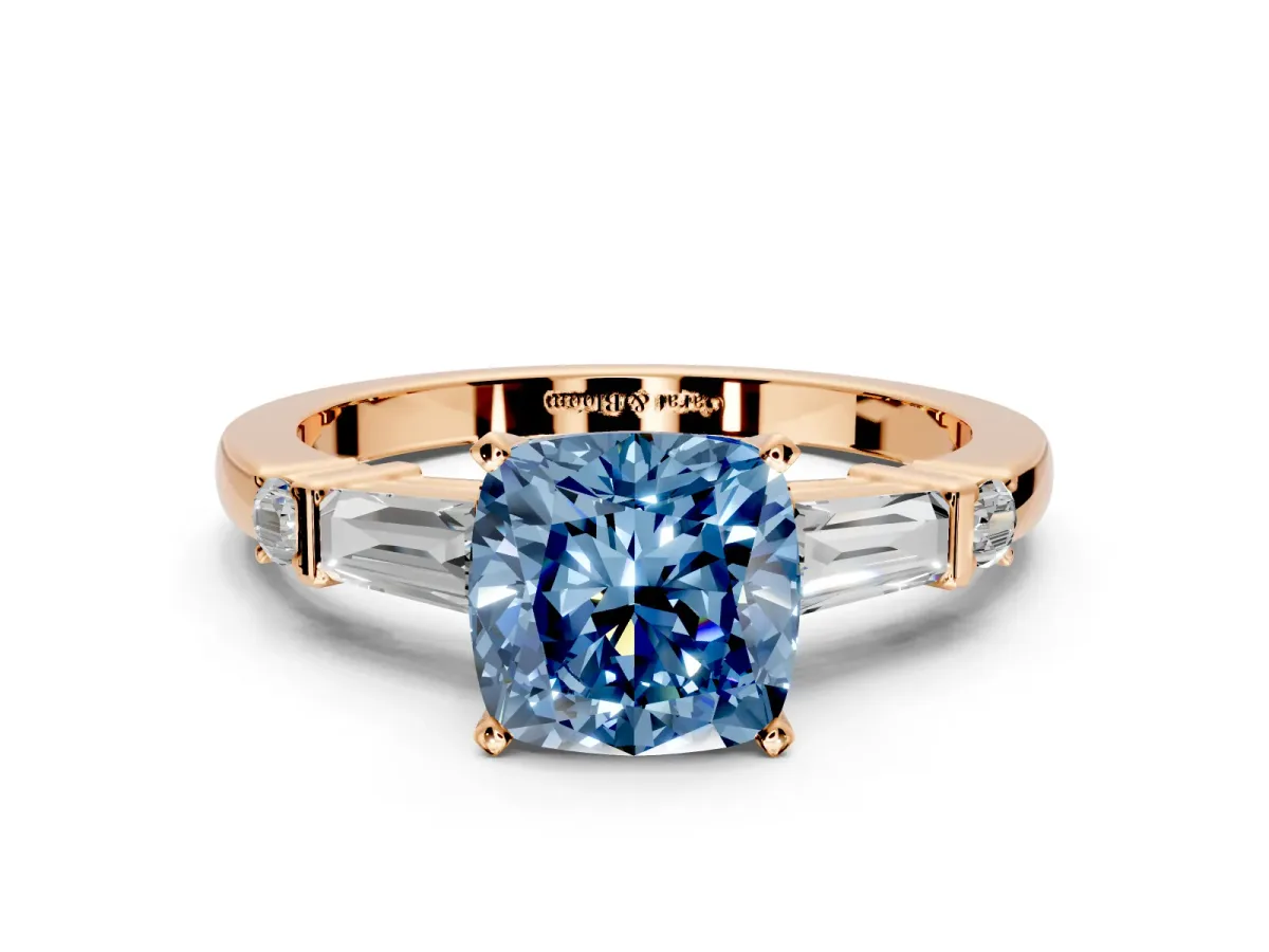 Bar-Set Engagement Ring Setting for Fancy Blue Cushion Cut Center with Tapered Baguette Accents and Prong Head in Rose Gold