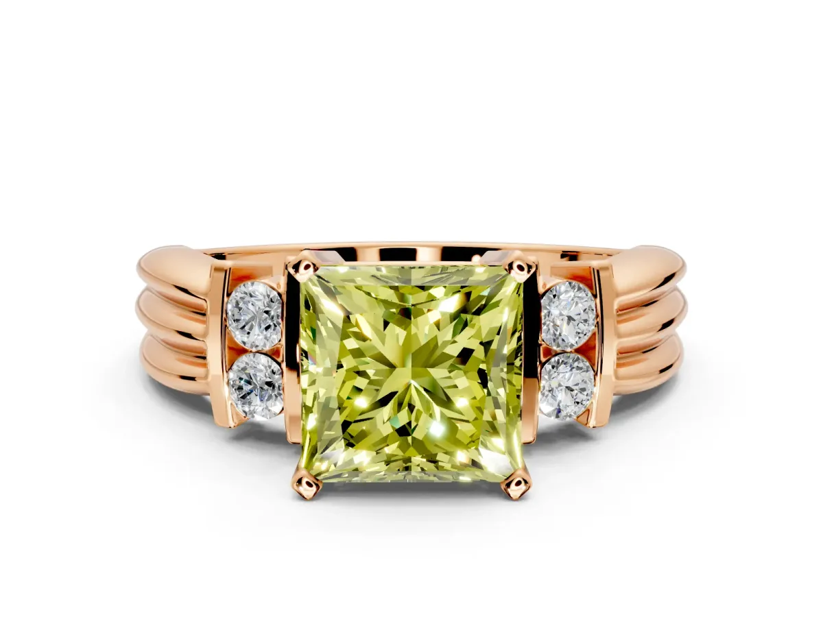 Solitaire Engagement Ring Setting for Fancy Yellow Princess Cut Center with Grooved Bar Accent Band and Prong Head in Rose Gold