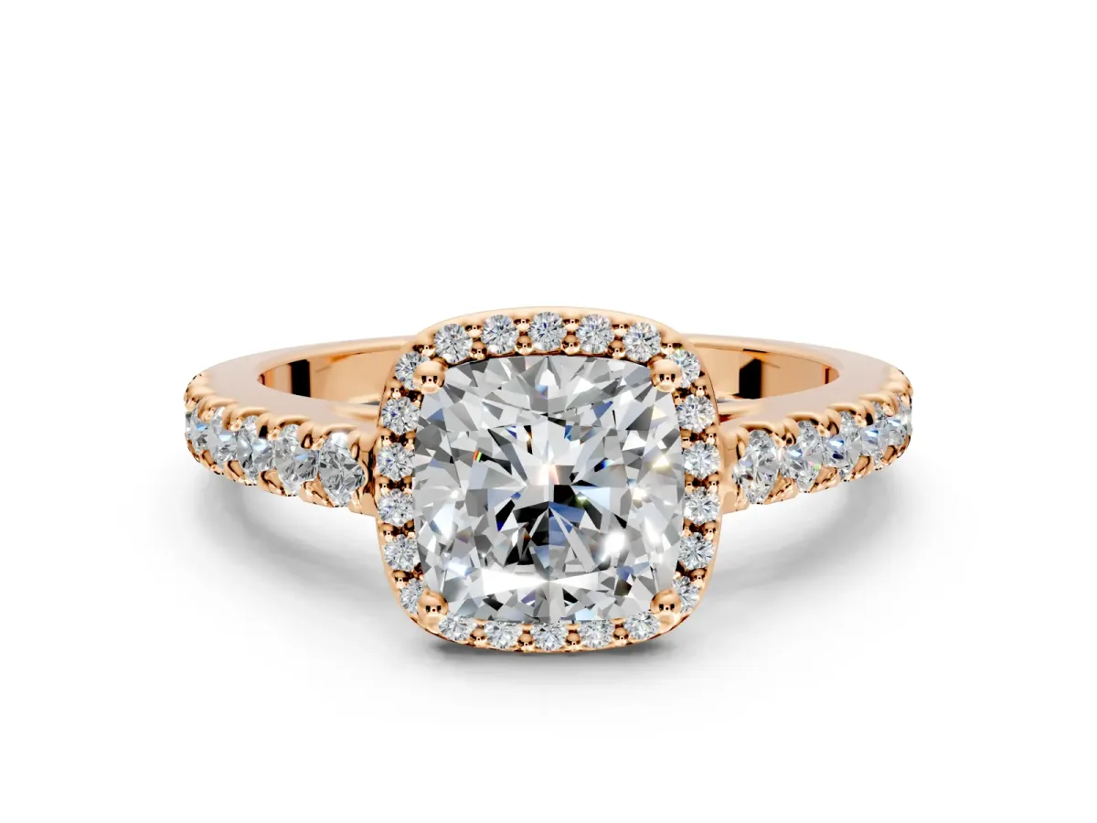 Halo Engagement Ring Setting for Cushion Cut Center with Full Pave Band and Prong Head in Rose Gold