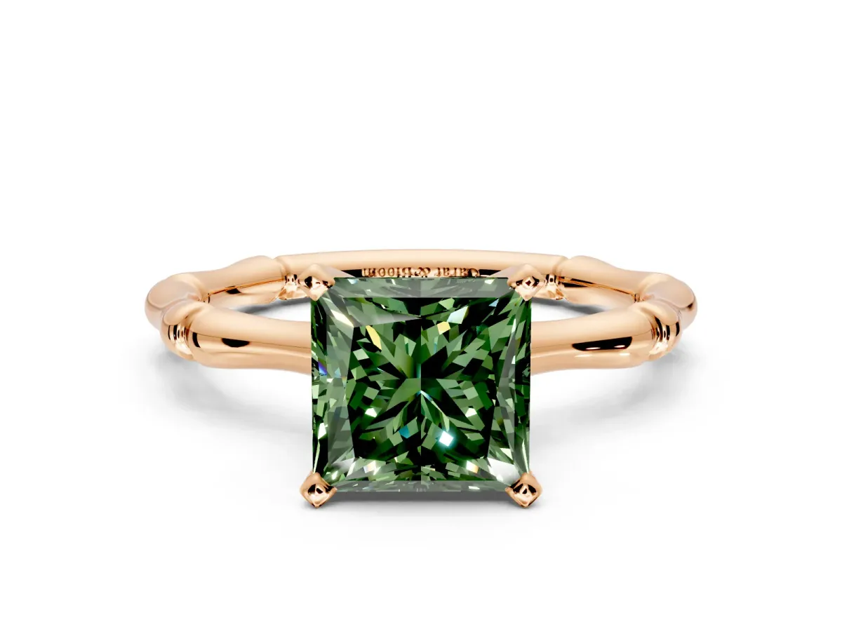 Solitaire Engagement Ring Setting for Fancy Green Princess Cut Center with Bamboo Band and Prong Head in Rose Gold