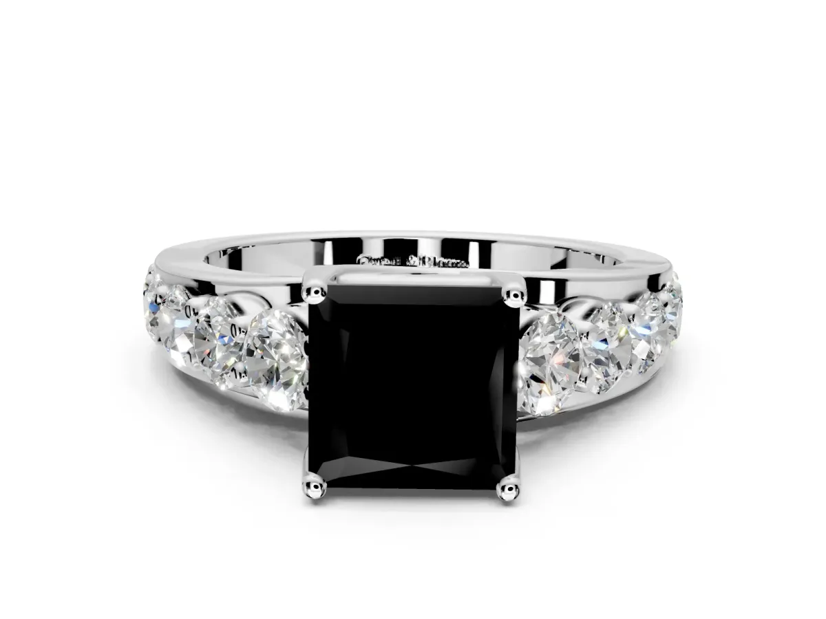 Solitaire Engagement Ring Setting for Fancy Black Princess Cut Center with Graduated Shared Prongs and Prong Head in Sterling Silver