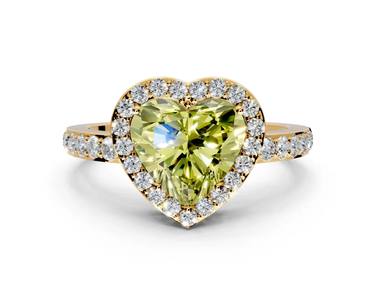 Halo Engagement Ring Setting for Fancy Yellow Heart-Shaped Center with Heart-Shaped Openwork, Pave Band and Prong Head in Yellow Gold