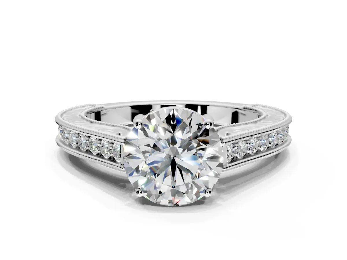 Solitaire Engagement Ring Setting for Round Cut Center with Engraved Pave Band and Prong Head in Sterling Silver
