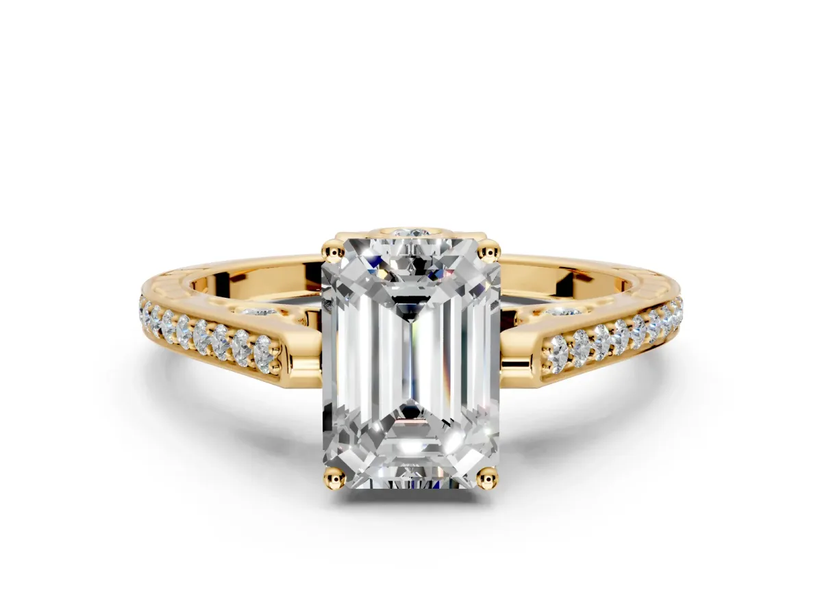 Cathedral Engagement Ring Setting for Emerald Cut Center with Antique-Style Pave Band and Prong Head in Yellow Gold