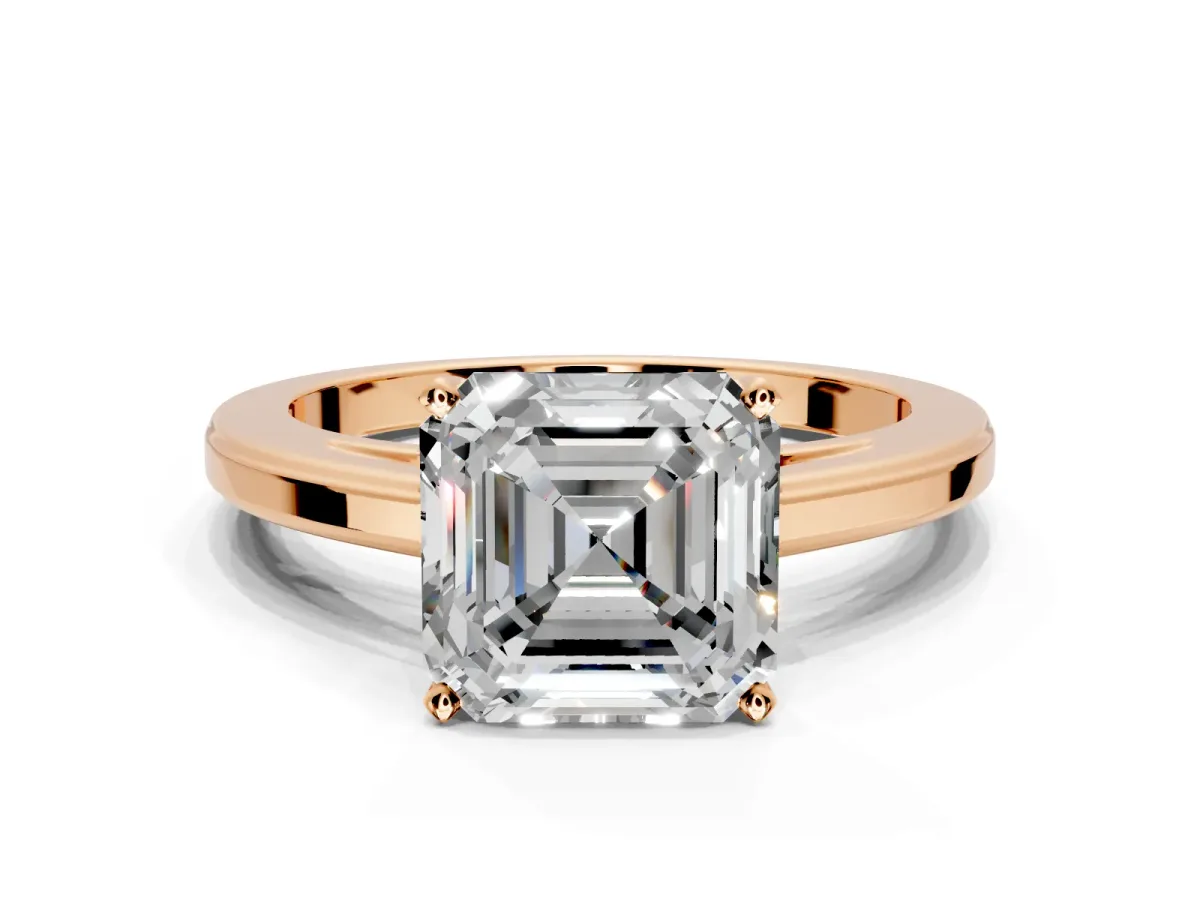 Solitaire Engagement Ring Setting for Asscher Cut Center with Flat-Sided Plain Band and Prong Head in Rose Gold