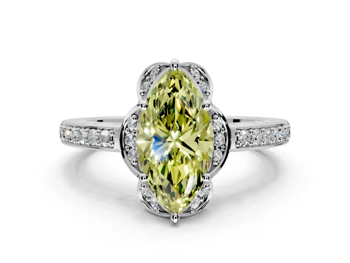 Floral Engagement Ring Setting for Fancy Yellow Marquise Center with Four Accent Clusters and Prong Head in Platinum