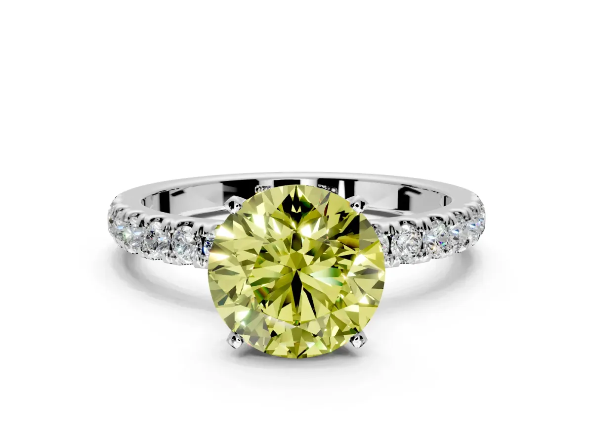Open Basket Engagement Ring Setting for Fancy Yellow Round Cut Center with Pave Band and Prong Head in Platinum
