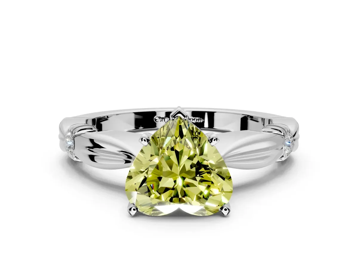 Solitaire Engagement Ring Setting for Fancy Yellow Heart-Shaped Center with Carved Leaf Shoulders and Prong Head in Platinum