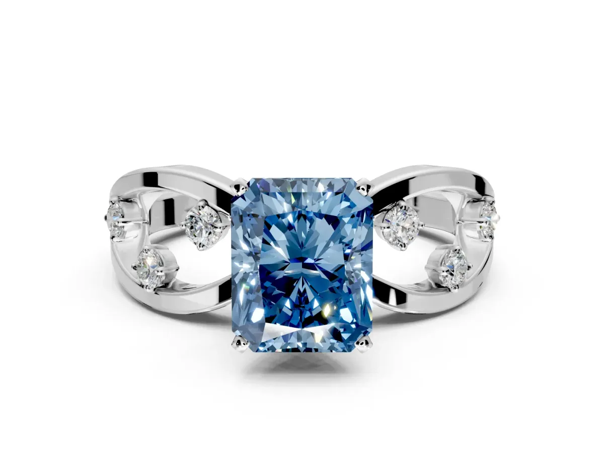 Solitaire Engagement Ring Setting for Fancy Blue Radiant Cut Center with Criss-Cross Accent Band and Prong Head in Platinum