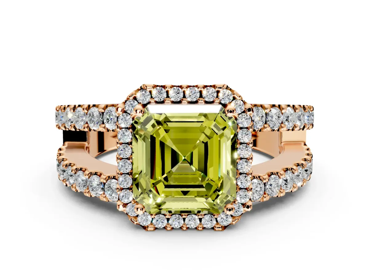 Halo Engagement Ring Setting for Fancy Yellow Asscher Cut Center with Wide-Open Pave Split Shank and Prong Head in Rose Gold