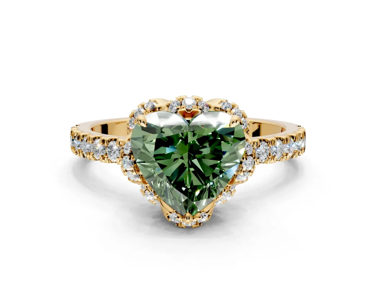Halo Engagement Ring Setting for Fancy Green Heart-Shaped Center with Openwork Halo, Pave Band and Prong Head in Yellow Gold